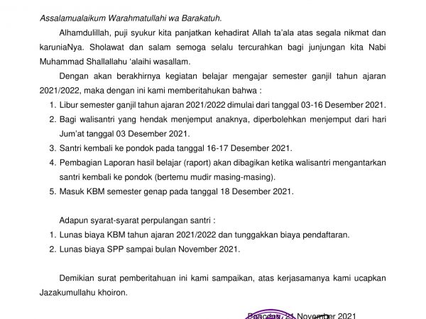 Pengumuman Libur Semester Ganjil T.A. 2021-2022